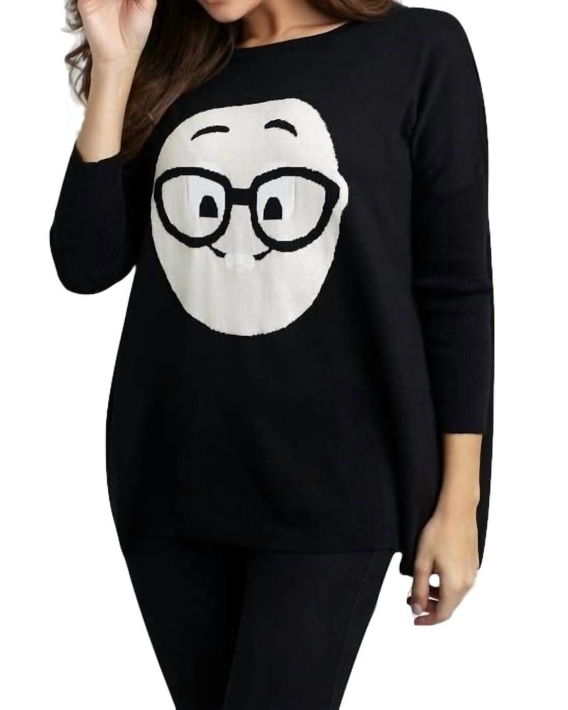 Front of a model wearing a size LG Geek Chic Emoji Pullover in Black in Black by ANGEL. | dia_product_style_image_id:327395